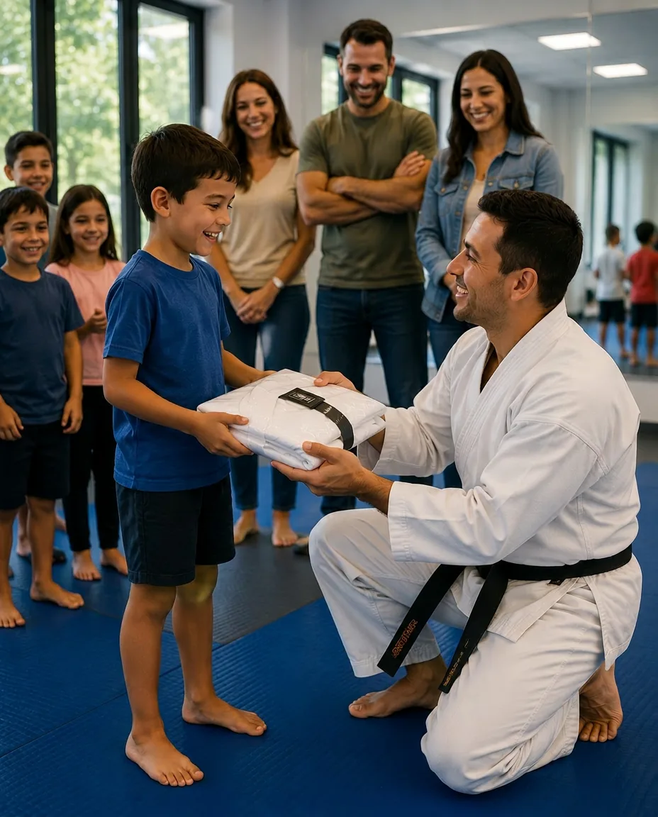 Instructor handing a free uniform to a smiling birthday guest as parents look on