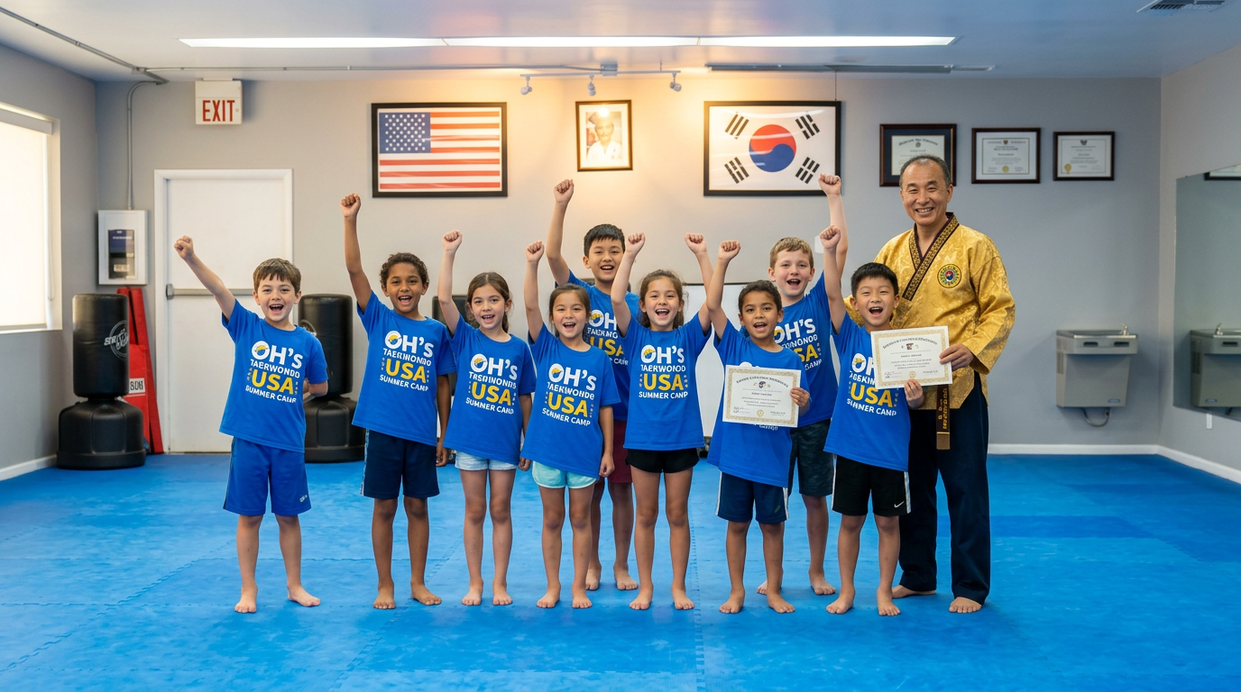 Kids cheering on the mat at Oh's Martial Arts summer camp in Seminole