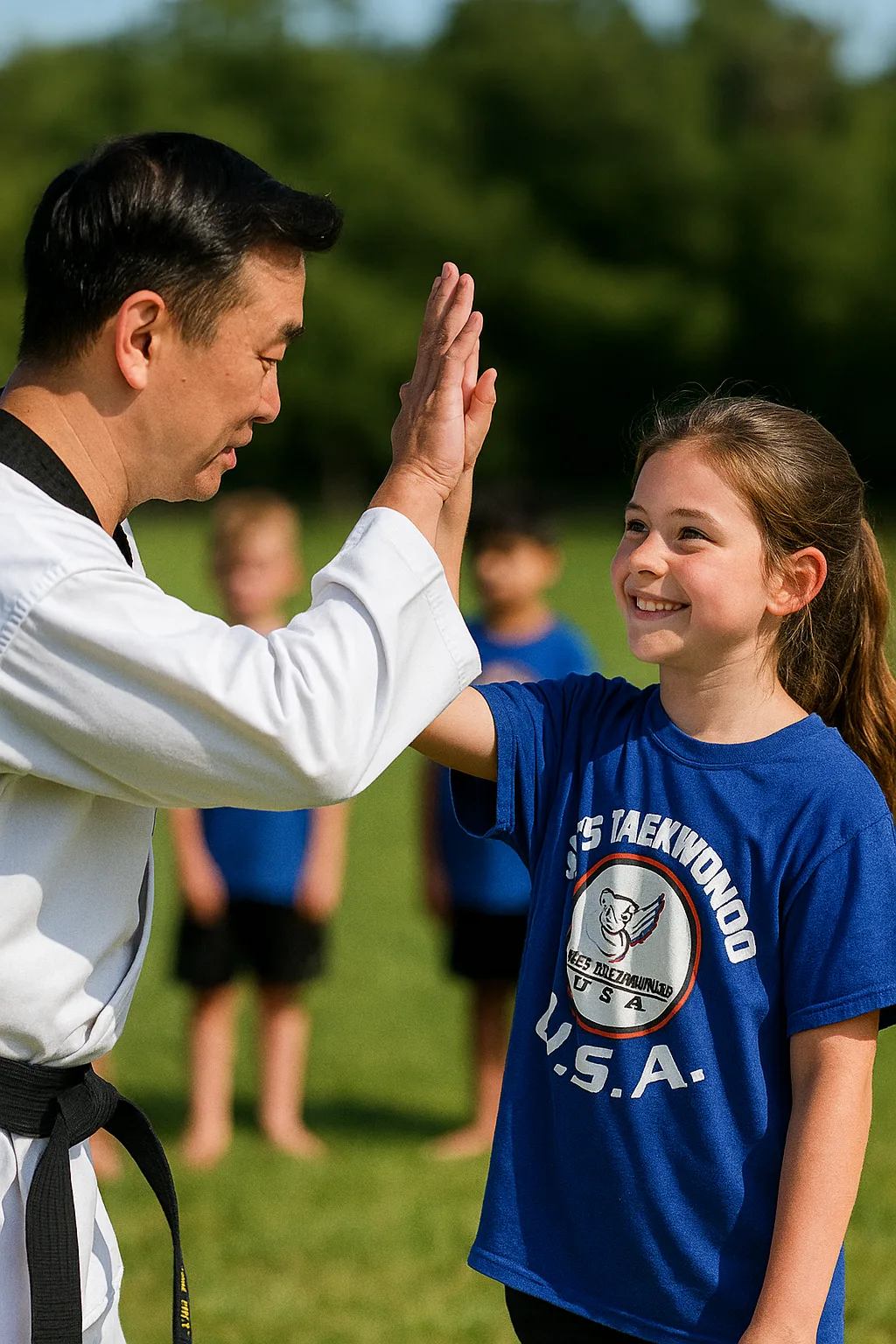 Instructor high-fiving a student at Oh's Martial Arts in Seminole