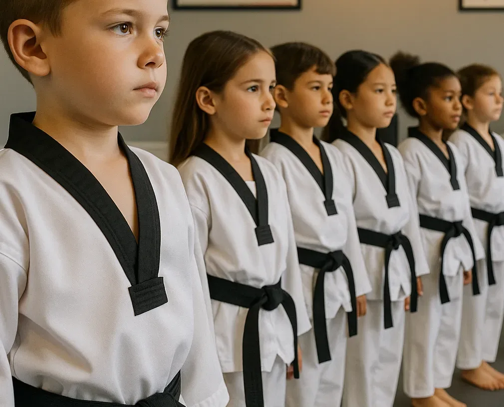 An instructor supervising Kids Martial Arts students closely during class at Oh's Martial Arts in Seminole