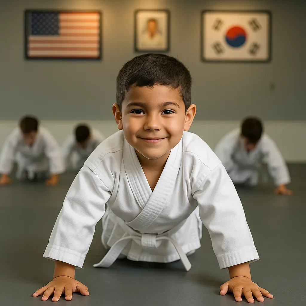 An instructor supervising Little Dragons students closely during class at Oh's Martial Arts in Seminole
