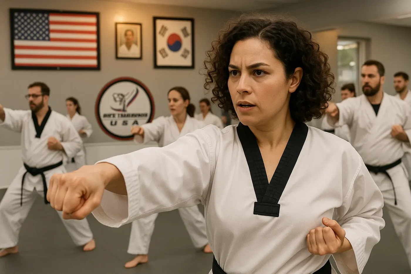 Adult Martial Arts students practicing drills during class at Oh's Martial Arts in Seminole