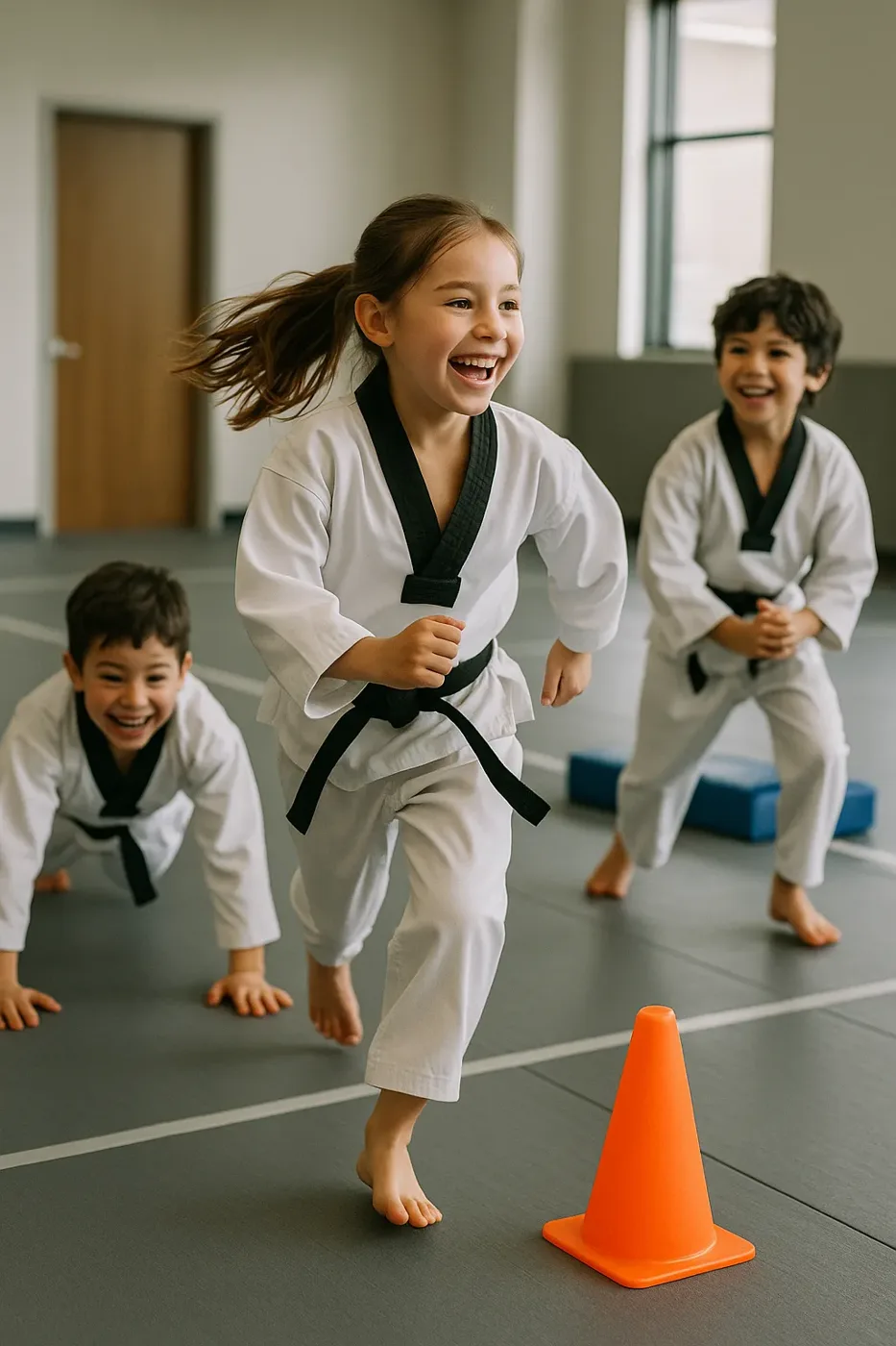 Kids Martial Arts students practicing drills during class at Oh's Martial Arts in Seminole