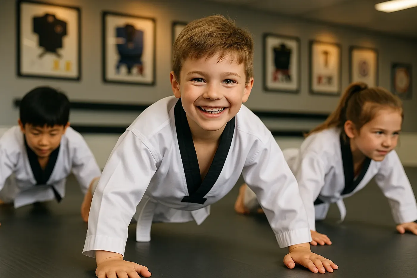 Kids Martial Arts students practicing drills during class at Oh's Martial Arts in Seminole