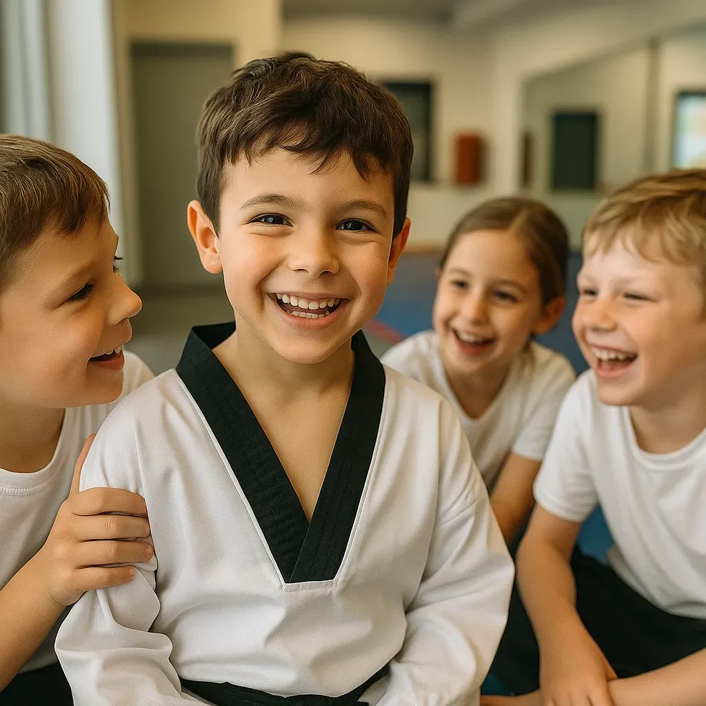 A Kids Martial Arts student smiling proudly after class at Oh's Martial Arts in Seminole